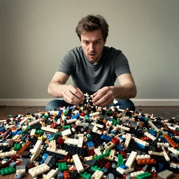 a man deconstructed into a pile of legos, horror, surrealistic