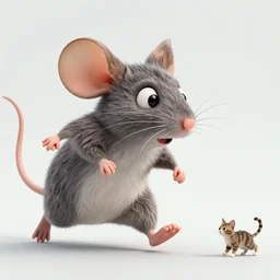 a frightened gigantic sized mouse running away from a tiny cat in the background