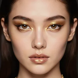 extreme close up portrait of stunningly beautiful girl, staring in the camera, symmetrical, gold dust make up, high res photo, 8 k, 5 0 mm 1. 8, bokeh, by mario testino