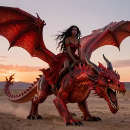 beautiful black sorceress with purple eyes and long flowing hair, riding on the back of an enormous, roaring red dragon through the mojave desert at sunset. realistic photograph. horror fantasy in the style of lovecraft. 4 k. highly detailed.