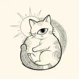 tattoo sketch of a single eye cat, hugging the sun, a draft, maori ornament, polinesian style, minimalism, line art, vector