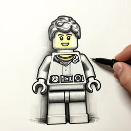lego character, pen and ink, intricate line drawings.
