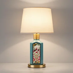 a table lamp designed by gucci in the style of a perfume bottle, advertising photography