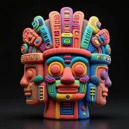 claymodel of a cyberpunk aztec futurism robot head, 8 k, symetrical, flourescent colors, halluzinogenic, multicolored, insanely integrate, black background, 3 d render, masterpiece
