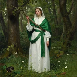 matronly woman, slightly sad expression, tall with green sashes, holding a tree branch and a small animal, a forest springing up around her feet, by willian murai