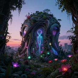 architecture by moon hoon, biopunk tokyo vaporwave dramatic lighting at dawn retrowave reclaimed by nature nightvision flowers alien myst darkacademia nature bladerunner 2 0 4 9, archdaily, wallpaper, highly detailed, trending on artstation.