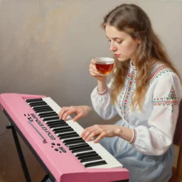 highly detailed painting of russian girl playing a pink keyboard with a cup of tea, realistic,