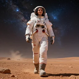 low angle, wide angle shot, of a female astronaut with an athletic build, smugly walking towards the camera, on mars, in the infinite universe, in digital art style