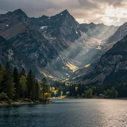 mountains, trees, and lake, by tim doyle
