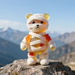 a mummy made out of gummy bears, on top of a mountain