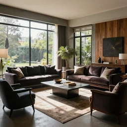 a tastefully decorated living room with dark luxurious furnishings, and a mix of antique and modern furniture, and a mix of concrete and wood finishes, chiaroscuro shadows, rays of sunlight streaming in through full - length glass windows
