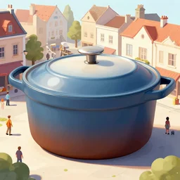 a huge dutch oven in the town. the dutch oven has people drinking beer in front of it, middle ages