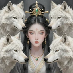 Portrait of Princess Mononoke surrounded by white wolves, face, fantasy, intricate, elegant, highly detailed, digital painting, artstation, concept art, smooth, sharp focus, illustration, art by Fernanda Suarez and Artem Demura and alphonse mucha