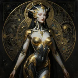 extremely psychedelic beautiful cyborg queen of lsd infected by night. intricate, elegant, highly detailed, extremely lifelike photorealistic digital painting, artstation. steichen, gaston bussiere, tom bagshaw, cyberpunk alphonse mucha. dark pallet, melancholy. anatomically correct in every way. sultry. sharp focus. gold and black with white accents. very very lifelike