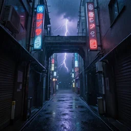 underwater footage of a portal at the end of a tokyo alley, thunderstorm and heavy rain, non - euclidean, neon lights