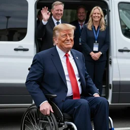 donald trump in a wheelchair next to van, group of people, photograph, happy, high resolution, high quality, beautiful face, attractive, realistic faces