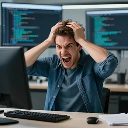 Programmer with his hands on his head and screaming after finding a bug in the code, realistic photo