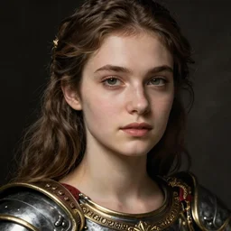 close - up portrait of beautiful young woman dressed gladiator with metallic armor, art by caravaggio