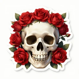 skull and red roses, cute sticker decal design, highly detailed, high quality, digital painting