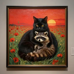 a masterpiece painting by mucha exposed at the louvre : a black cat cuddling a racoon in a poppy field with a red sunset in the background