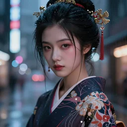 photographic close - up portait of a beautiful young cyberpunk geisha half body in a kimono in city with neon lights, ambient lights, rainy day, digital painting, highly detailed, glowing lights, art station, by greg rutkowski