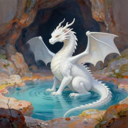 detailed painting of a white dragon sitting in the middle of a colorful geothermal hotspring in a cavern, featured on artstation