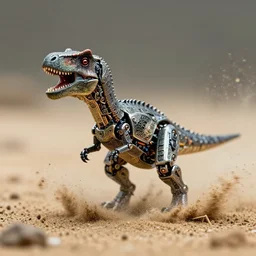 action photography, long shot, award winning macro photo of an ultra detailed intricate robotic tiny dinosaur exploding from the sand, fast shutter speed, motion blur, tiny gaussian blur, highly detailed, highly intricate, depth of field, national geographic