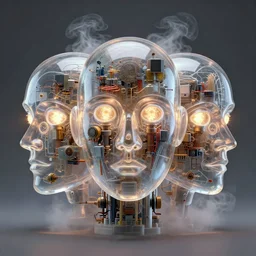 horizontally symmetrical!! 3 d frontal portrait of the robot face made of translucent glass inside which are vintage electronic components lamp transistors, intricate, elegant, surrounded by smoke and burning. translucent nautilus, highly detailed, by wlop, tooth wu, greg rutkowski, alena aenami