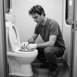 mario draghi cleaning a train toilet, realistic black and white full - length photo