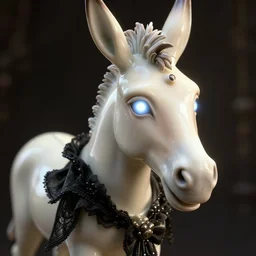 hyper detailed ultra sharp portrait of a beautiful fashionable porcelain ivory donkey zombie with glowing eyes, up close shot, sharp focus, global illumination, radiant light, black haute couture, alexandre ferra, irakli nadar, octane render, 4 k, ultra hd,
