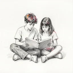 impressionist colored pencil drawing of a boy and a girl sitting and reading in a sketchbook, minimalist, on coarse white paper, long separated colored pencil strokes, sketchbook aesthetic, mixed media
