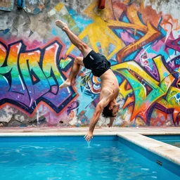 backflip into a pool caustics lighting impressive colorful masterpiece graffiti hyper perspective textured detailed intricate