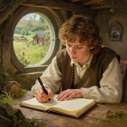 frodo writing in his journal inside his hobbit hole bag end at the end of his journey, hobbiton visible through a window, by alan lee, michal karcz, smooth details, lord of the rings, game of thrones, smooth, detailed terrain, oil painting, trending artstation, concept art, fantasy matte painting