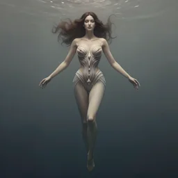 a matte digital painting of a woman dressed in Iris van Herpen design, symmetrical, elegant, underwater, muted color