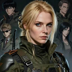 An older dieselpunk woman in military fatigues || VERY VERY ANIME!!!, fine-face, blonde hair, realistic shaded Perfect face, fine details. Anime. realistic shaded lighting poster by Ilya Kuvshinov katsuhiro otomo ghost-in-the-shell, magali villeneuve, artgerm, Jeremy Lipkin and Michael Garmash and Rob Rey