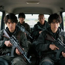 movie diverse interracial team of Japanese robbers armed with rifles interior van, beautiful skin, Symmetrical faces. natural lighting by Emmanuel Lubezki