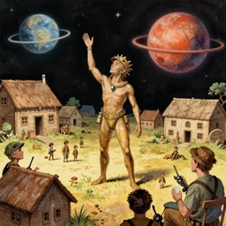 5 0 s pulp scifi fantasy illustration venusian man in village on planet venus, by norman rockwell, edd cartier, howard v brown, frank r paul, dean cornwell, astounding stories, amazing, fantasy, other worlds