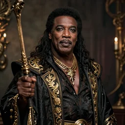 Don King dressed as a necromancer pimp and ruler of the underworld