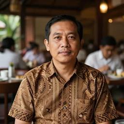 A Photo Portrait of Joe Wearing Indonesian Batik Tulis at a fancy Balinese restaurant, award winning photography, sigma 85mm Lens F/1.4, blurred background, perfect faces