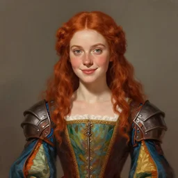 portrait of a beautiful young woman with red hair and freckles, slight smile, renaissance colorful dress, leather armor, digital painting by Michael Whelan and craig mullins, d&d illustration, trending on Artstation, sfw