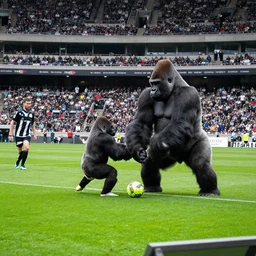 gorillas playing a soccer game in a stadium full of people, vivid