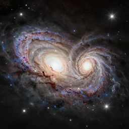The painting shows two galaxies in the process of colliding. One galaxy is much larger than the other, and both are surrounded by a halo of gas and dust. The galaxies are very bright, and there are many new stars forming. The painting is very realistic, showing the details of the galaxies and the stars, 8k, octane render