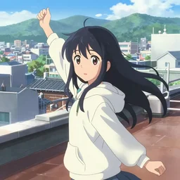 anime film visual of a long black haired girl wearing hoodie sightseeing future seoul, bright daylight, standing on rooftop, cute face by ilya kuvshinov, makoto shinkai, kyoto animation, dynamic perspective and pose, crisp and sharp cel shade