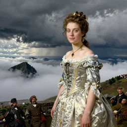 attractive scandinavian duchess wearing an 1 7 th century french off - the - shoulder neckline dress, painting by sargent and leyendecker and greg hildebrandt savrasov levitan above the low clouds on madeira faroe azores islands overcast thunder storm