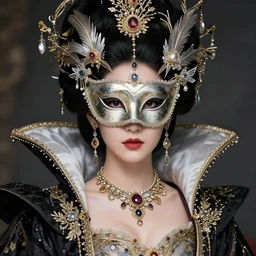 portrait of a queen wearing a mask, elegant, fancy clothing, ornaments, highly detailed, full - color, beautiful, mesmerizing, concept art, artstation, trending, by hideyuki morioka, akio watanabe, ito ogure, vofan, greg rutkowski, victo ngai, artgerm