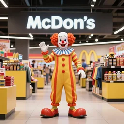 eccentric clown, mcdonald store, extremely detailed, sharp focus, wide view, full body shot, smooth, digital illustration, by james jean, by rossdraws, frank franzzeta, mcbess, sakimichan, brosmind, steve simpson