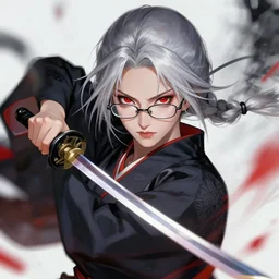 extremely beautiful portrait of a japanese swordswoman with silver hair in two plaits and intense red eyes, glasses, seifuku, beautiful, intense, intricate portrait by greg rutkowski, action pose
