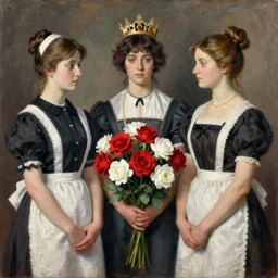 painting by Balthus, three women, two of them are servants, one is a French queen, red and white flowers