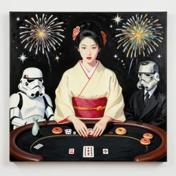 woman in a japanese kimono, sitting at an extremely detailed poker table with the stormtrooper, sake, donuts on the table, fireworks and stars on the background, by andy warhol, by roy liechtestein, canvas, acrylic paint, black and ivory palette, 4 k, ultra - hd