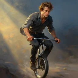 Ben Shapiro riding a unicycle, sigma male, accurately portrayed, portrait art by alphonse mucha and greg rutkowski, highly detailed, digital painting, concept art, illustration, dim lighting with twilight rays of sunlight, trending on artstation, very detailed, smooth, sharp focus, octane render, close up